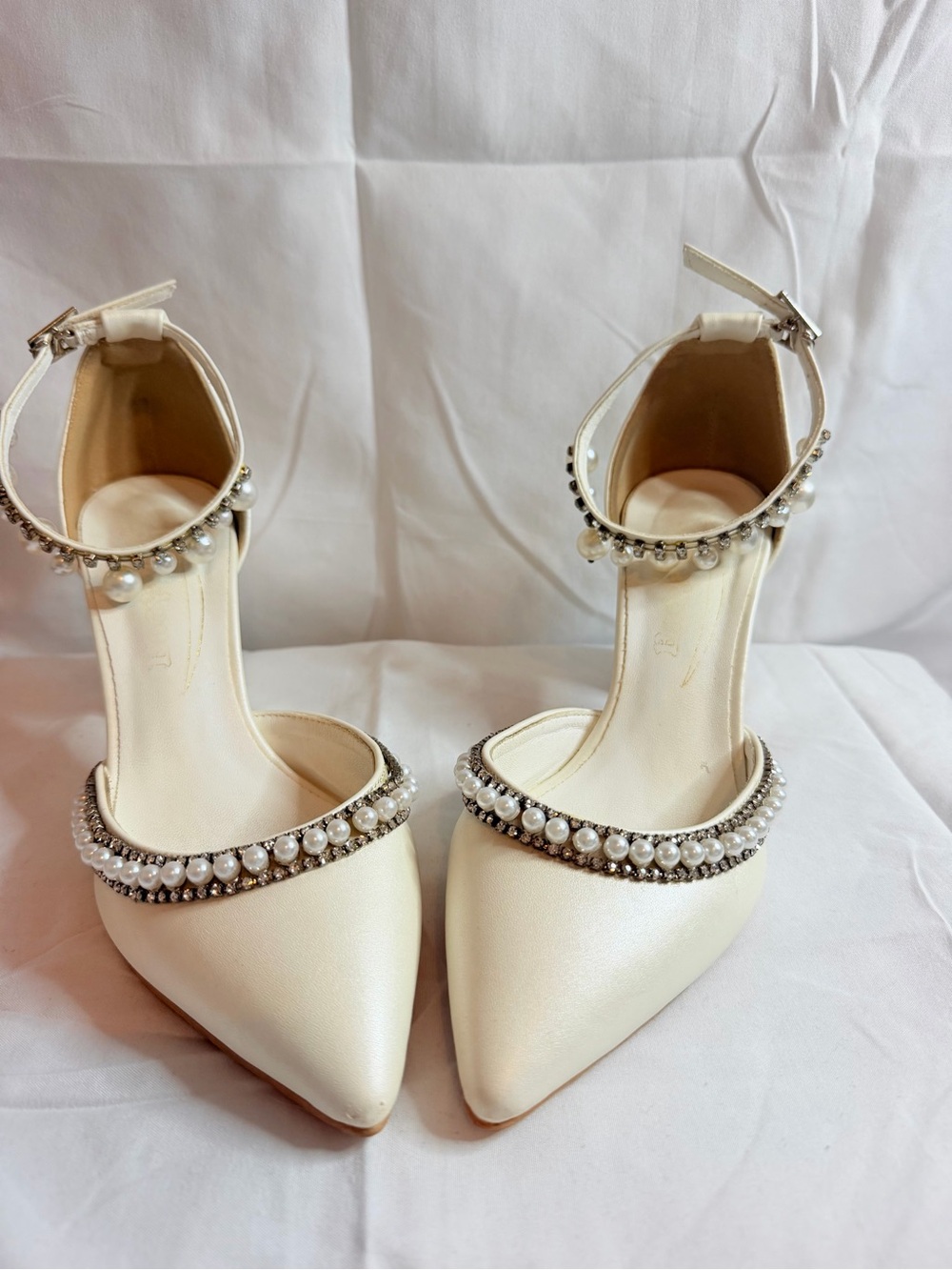 Ivory Pearl-Embellished Ankle-Strap Pointed Toe Heels